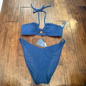Abercrombie and Fitch Halter Bandeau Swim Top Matching High Leg Cheeky Navy Blue